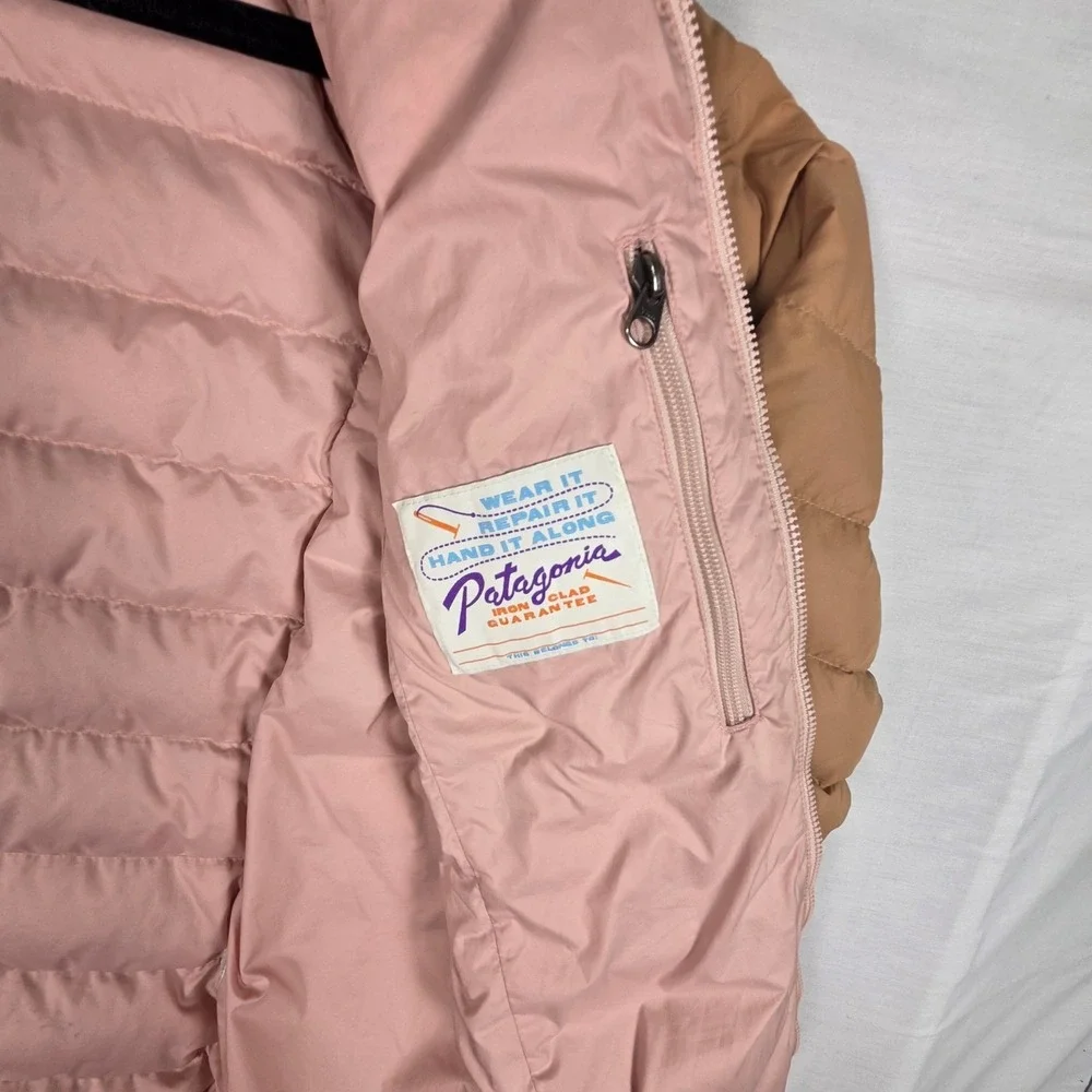 Patagonia‎ Down 600 Fill Jacket Kids XL Tan Pink Puffer Hoodless Full Zip Warm